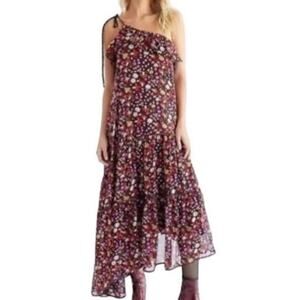 Free People Head Over Heels Maxi Dress XS One Shoulder Dark Floral Chiffon Boho